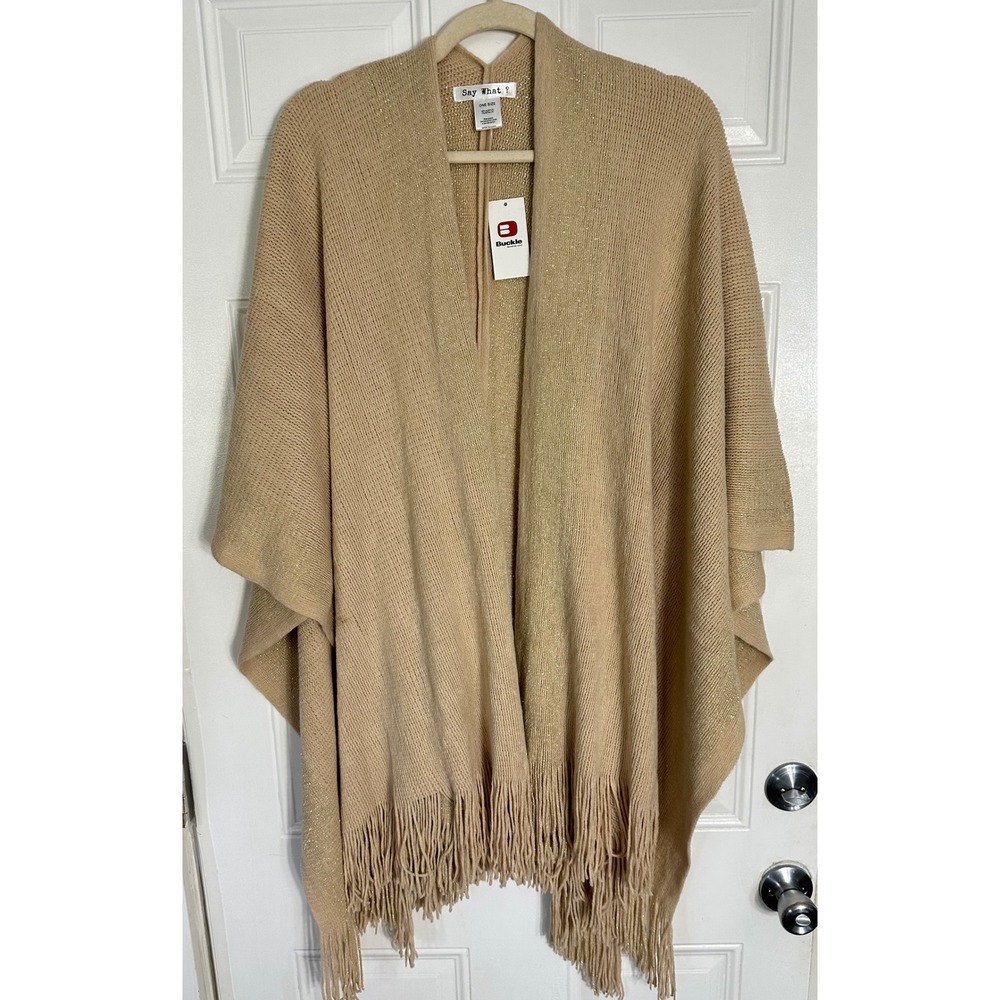 Say What ? Womens Metallic Gold Knit Fringe Poncho Wrap Tan One Size NWT